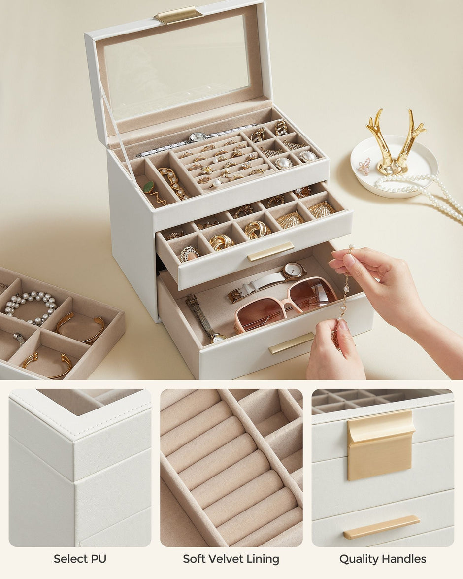 Jewellery Box – Glass – Grey and Gold – 4-Tier Organiser with 3 Drawers