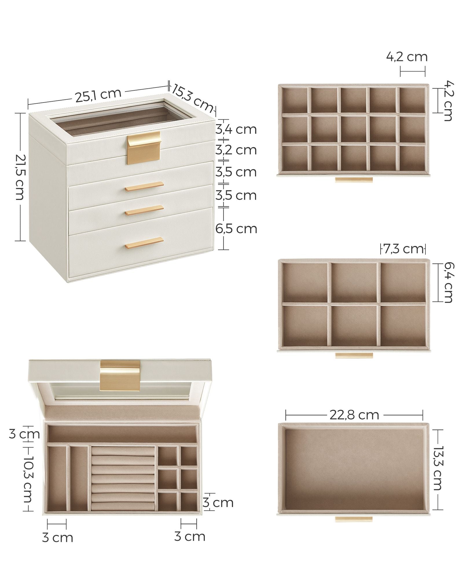 Jewellery Box – Glass – Grey and Gold – 4-Tier Organiser with 3 Drawers