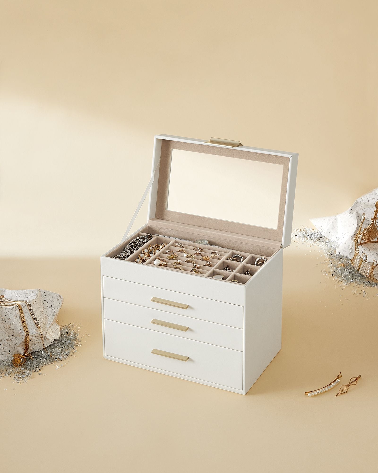 Jewellery Box – Glass – Grey and Gold – 4-Tier Organiser with 3 Drawers