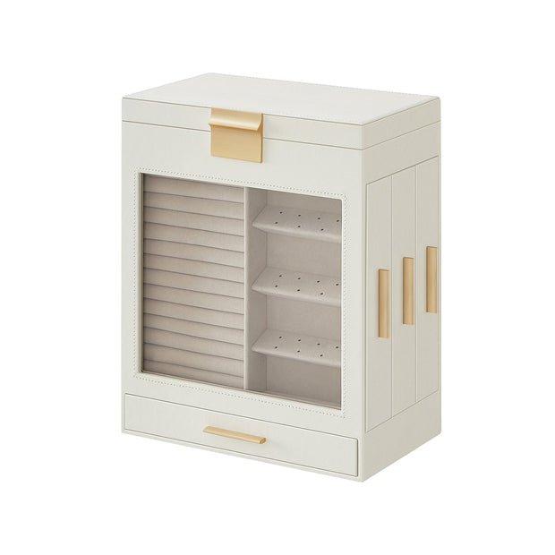 Jewellery Box – Glass – Cloud White – 5-Layer Organiser with 3 Side Drawers and Big Mirror