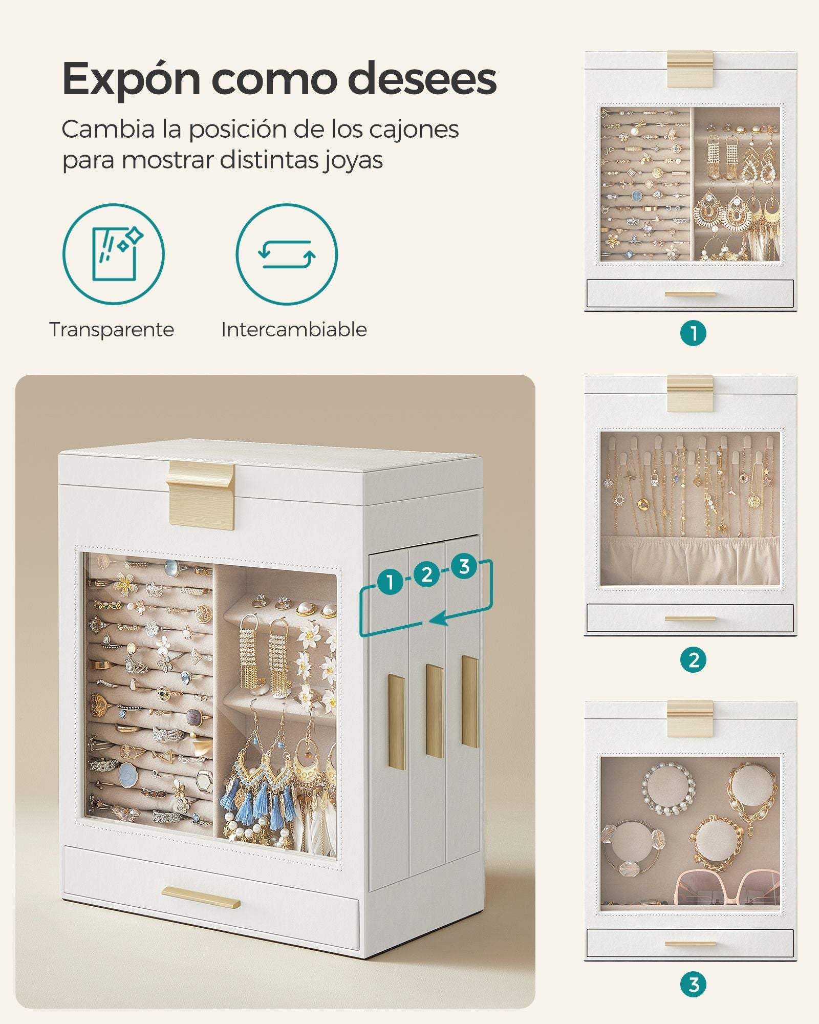 Jewellery Box – Glass – Cloud White – 5-Layer Organiser with 3 Side Drawers and Big Mirror