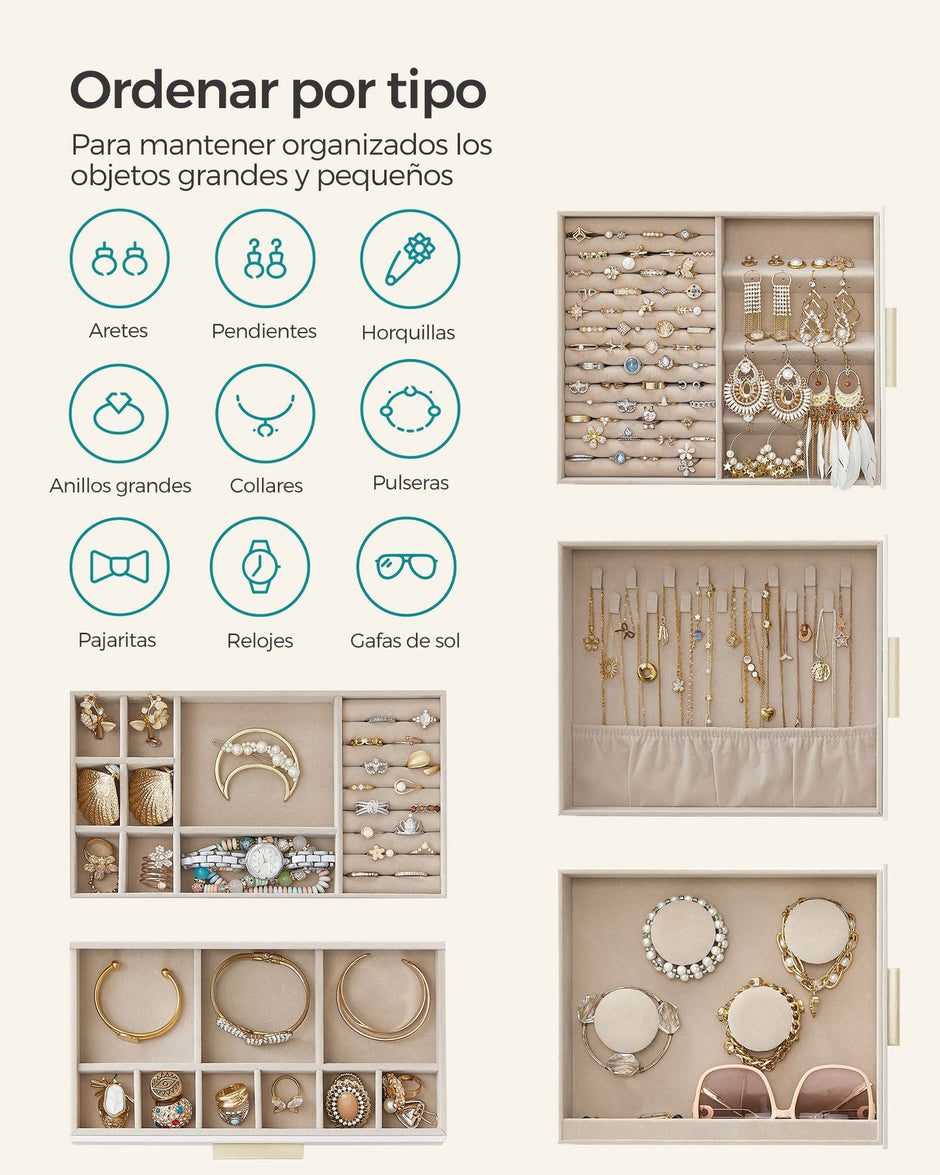 Jewellery Box – Glass – Cloud White – 5-Layer Organiser with 3 Side Drawers and Big Mirror