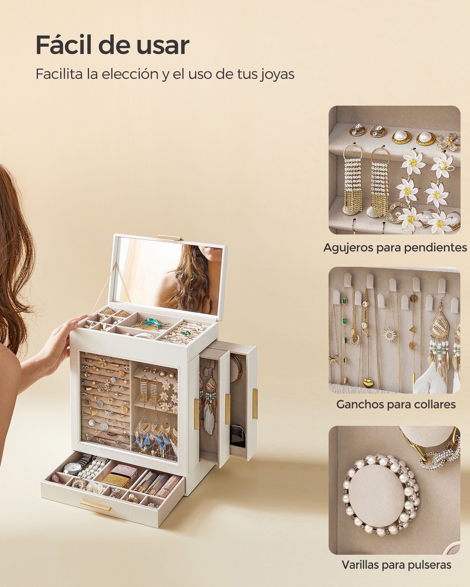 Jewellery Box – Glass – Cloud White – 5-Layer Organiser with 3 Side Drawers and Big Mirror