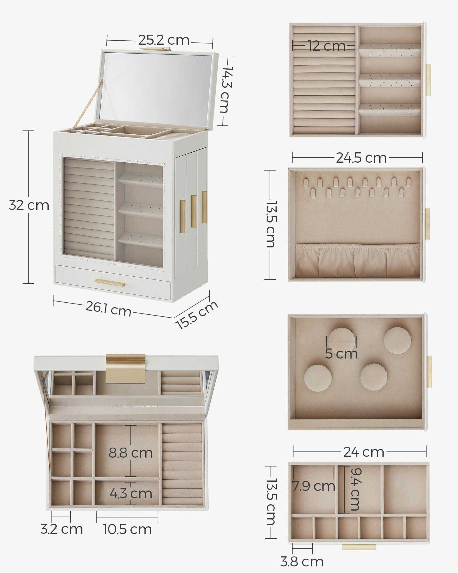 Jewellery Box – Glass – Cloud White – 5-Layer Organiser with 3 Side Drawers and Big Mirror