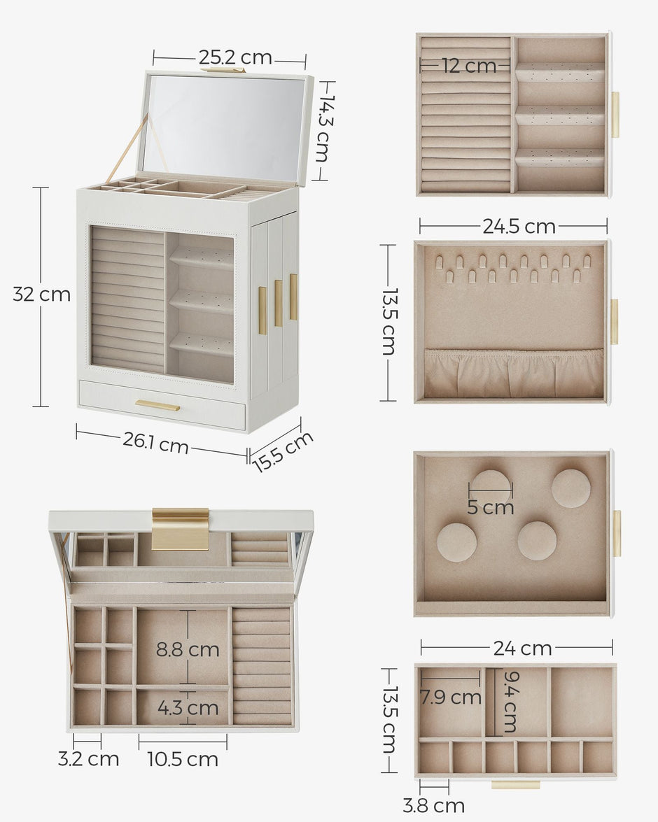 Jewellery Box – Glass – Cloud White – 5-Layer Organiser with 3 Side Drawers and Big Mirror