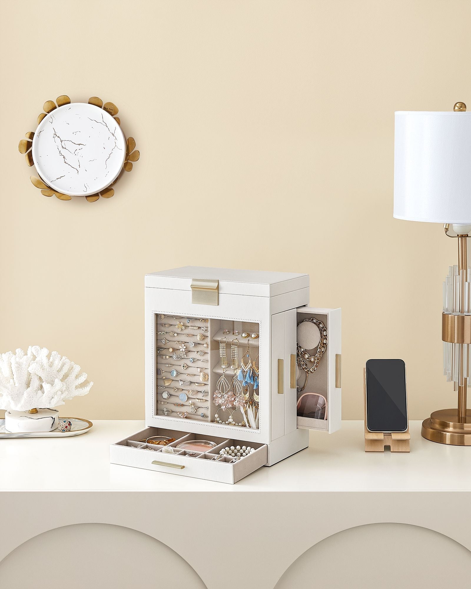 Jewellery Box – Glass – Cloud White – 5-Layer Organiser with 3 Side Drawers and Big Mirror
