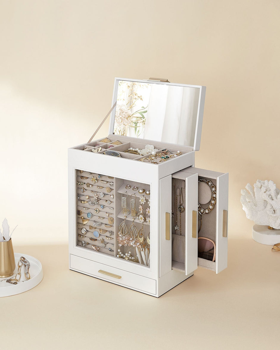 Jewellery Box – Glass – Cloud White – 5-Layer Organiser with 3 Side Drawers and Big Mirror