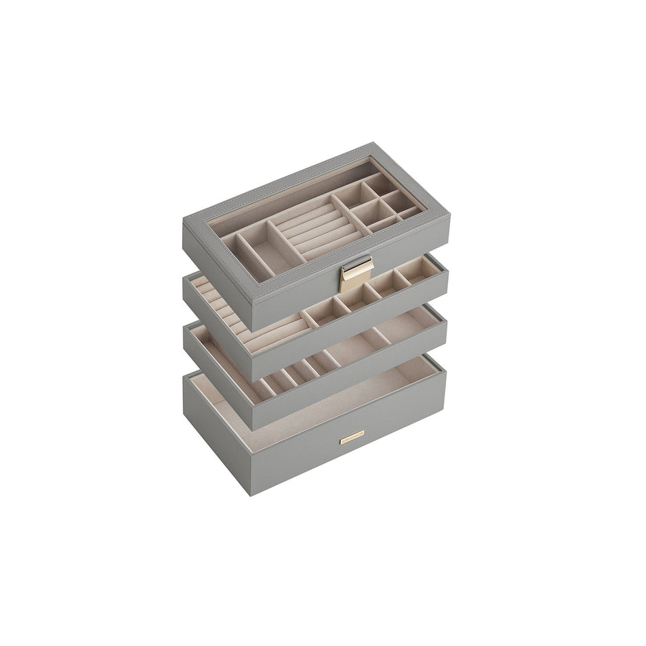 4-Tier Stackable Jewellery Box – Glass – Dove Gray – Clear Lid