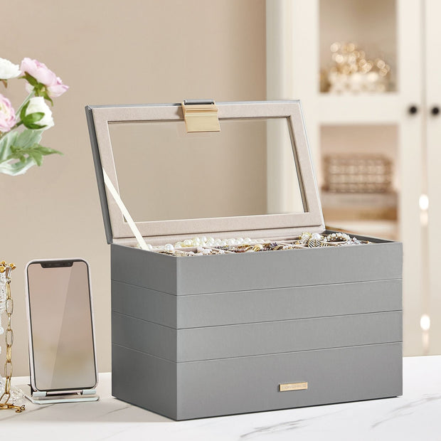 4-Tier Stackable Jewellery Box – Glass – Dove Gray – Clear Lid