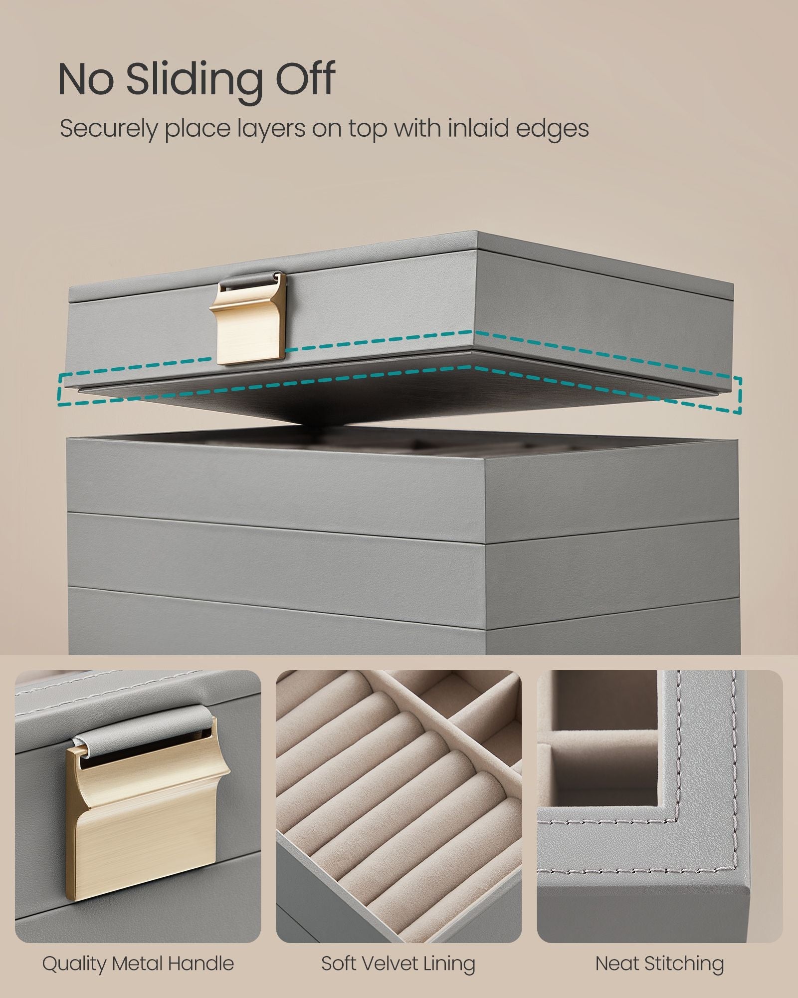 4-Tier Stackable Jewellery Box – Glass – Dove Gray – Clear Lid