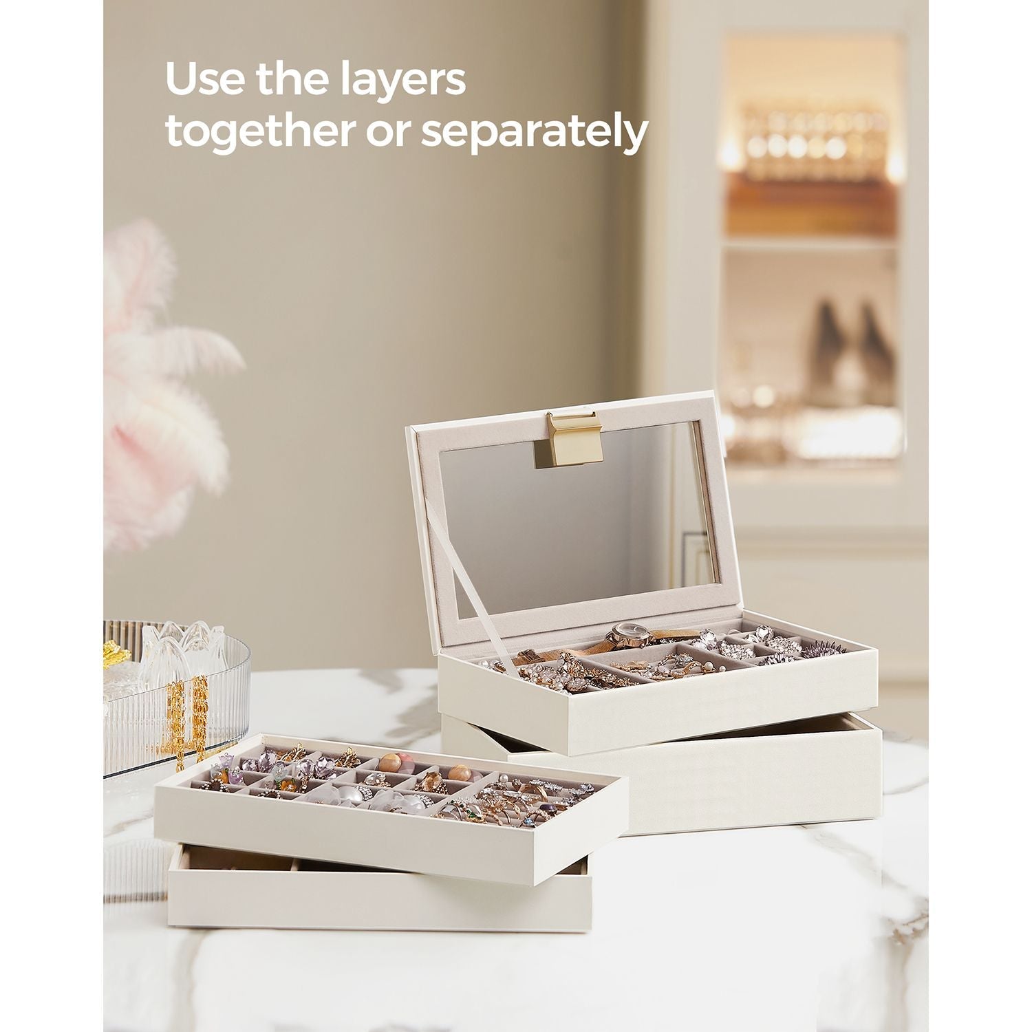 5-Tier Stackable Jewellery Box – Wood – White – Clear Glass Lid