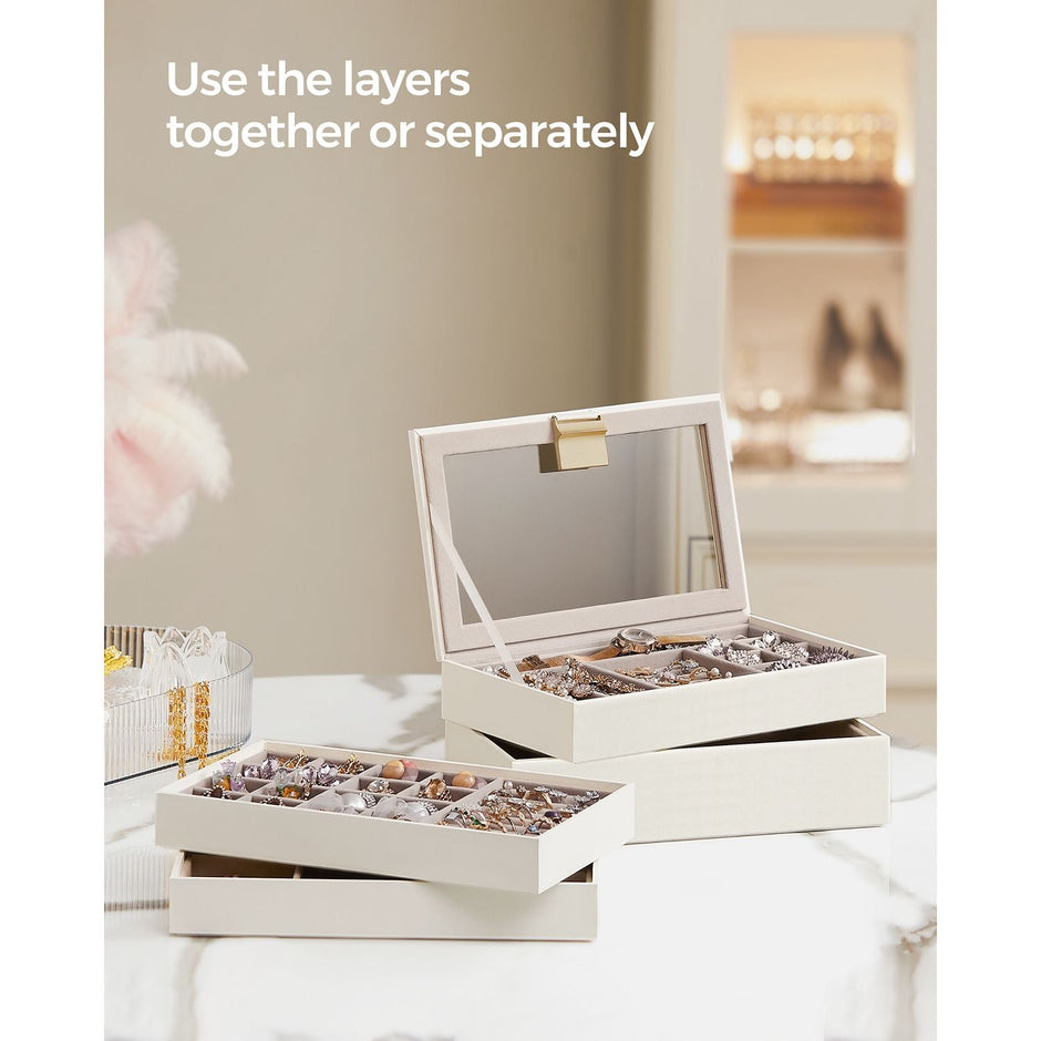 5-Tier Stackable Jewellery Box – Wood – White – Clear Glass Lid