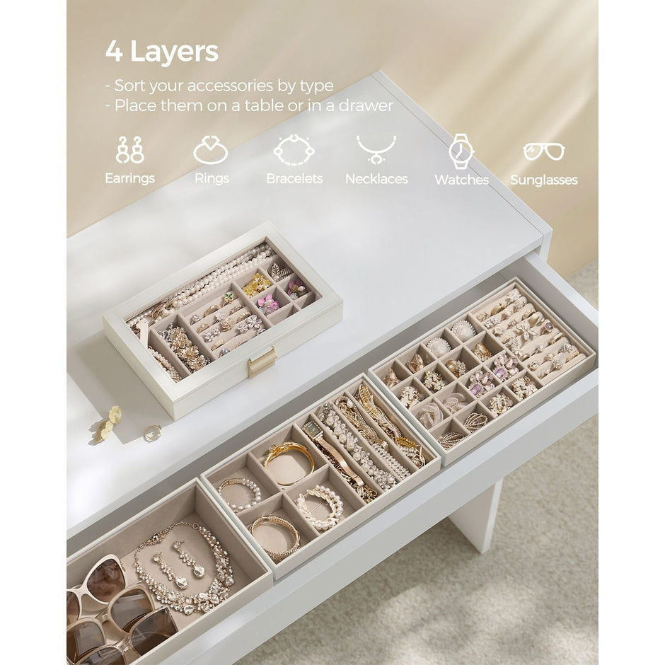 5-Tier Stackable Jewellery Box – Wood – White – Clear Glass Lid