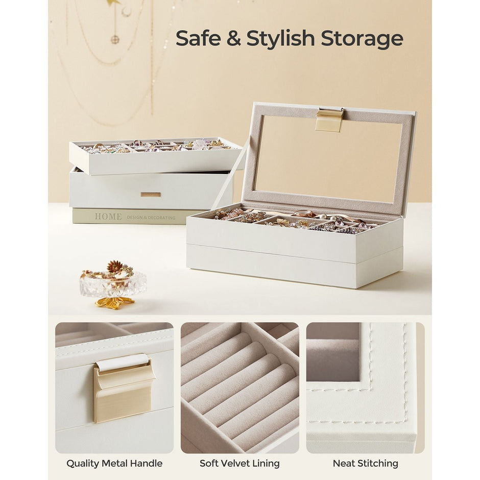 5-Tier Stackable Jewellery Box – Wood – White – Clear Glass Lid