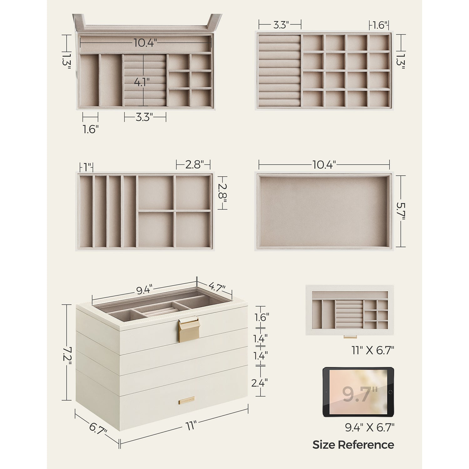 5-Tier Stackable Jewellery Box – Wood – White – Clear Glass Lid