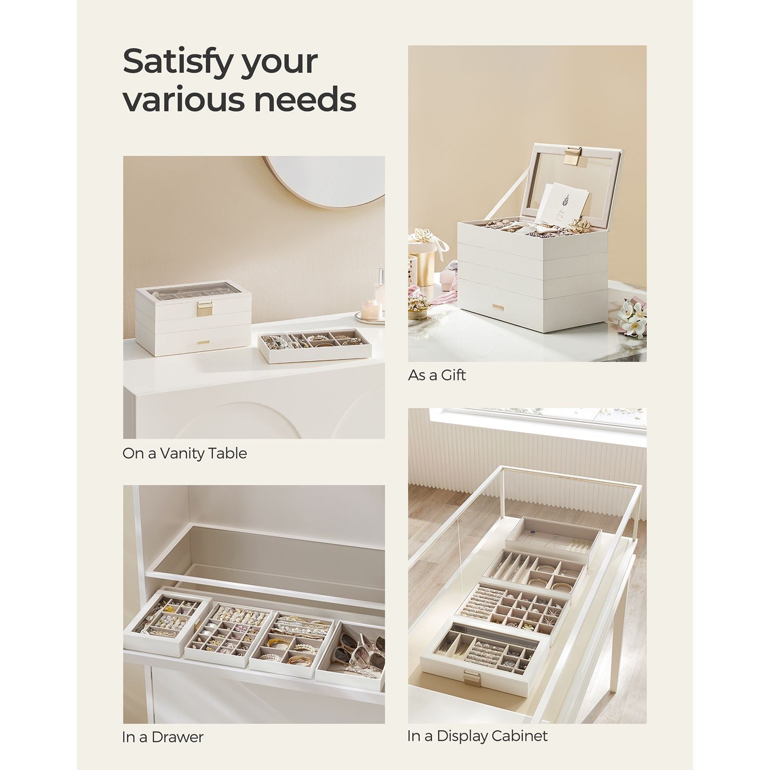 5-Tier Stackable Jewellery Box – Wood – White – Clear Glass Lid