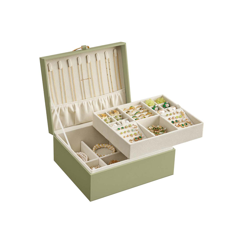 Jewellery Box – Fabric – Laurel Green – 2-Layer with Removable Tray and Handle