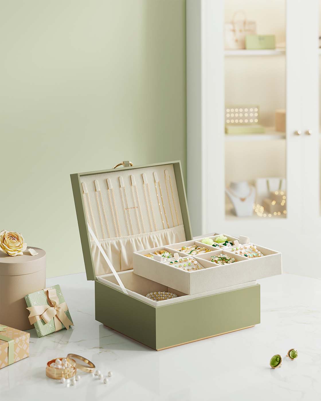 Jewellery Box – Fabric – Laurel Green – 2-Layer with Removable Tray and Handle