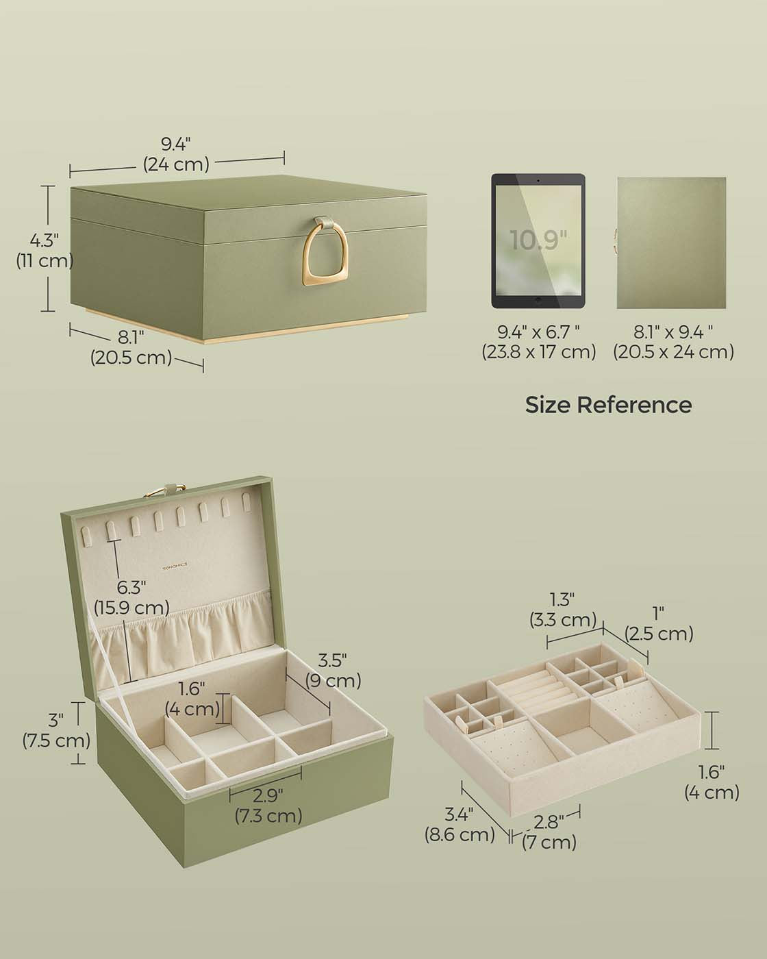 Jewellery Box – Fabric – Laurel Green – 2-Layer with Removable Tray and Handle