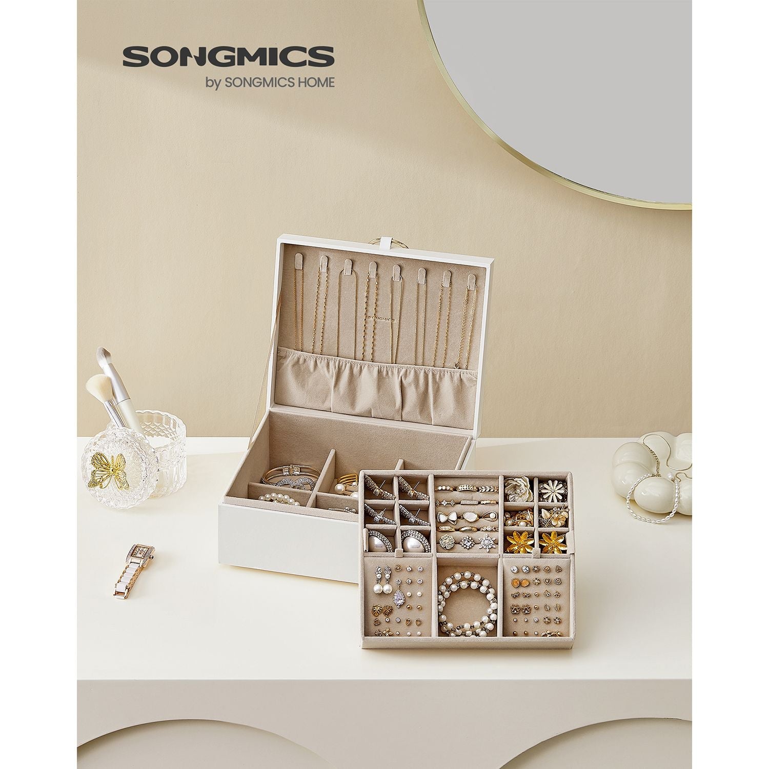 Jewellery Box – MDF – White – 2-Layer with Removable Tray and Handle