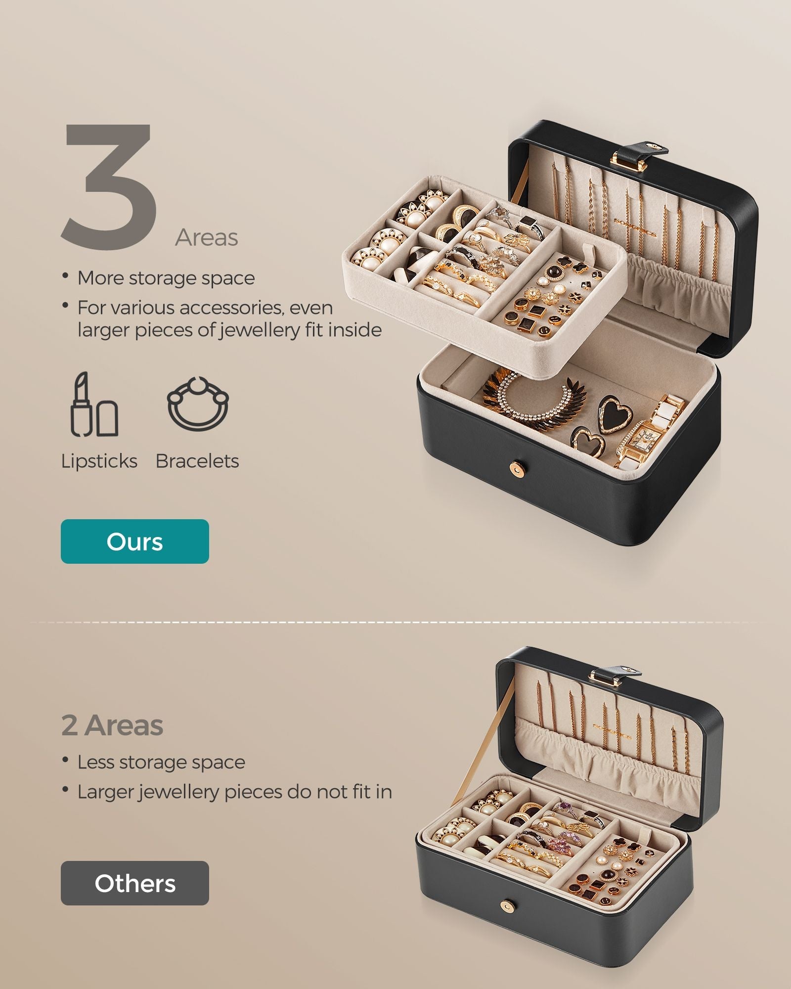 Jewellery Box – Portable – Small – 2-Layer Storage for Larger Accessories