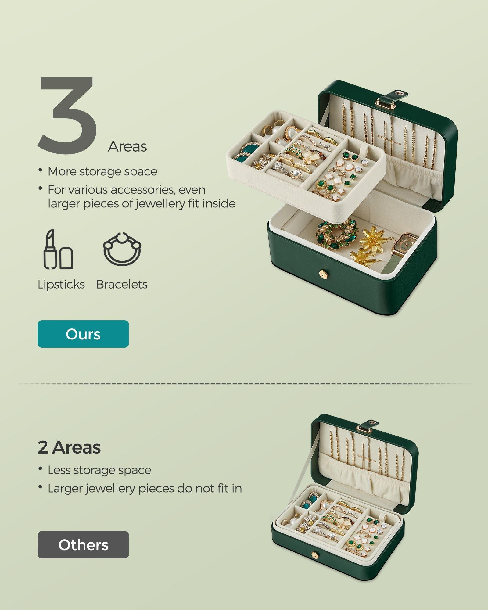 2-Layer Jewellery Box – Forest Green – Portable Design for Larger Accessories