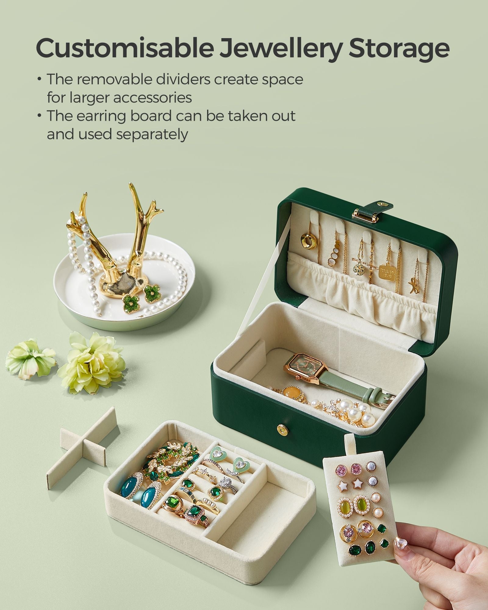 2-Layer Jewellery Box – Forest Green – Portable Design for Larger Accessories