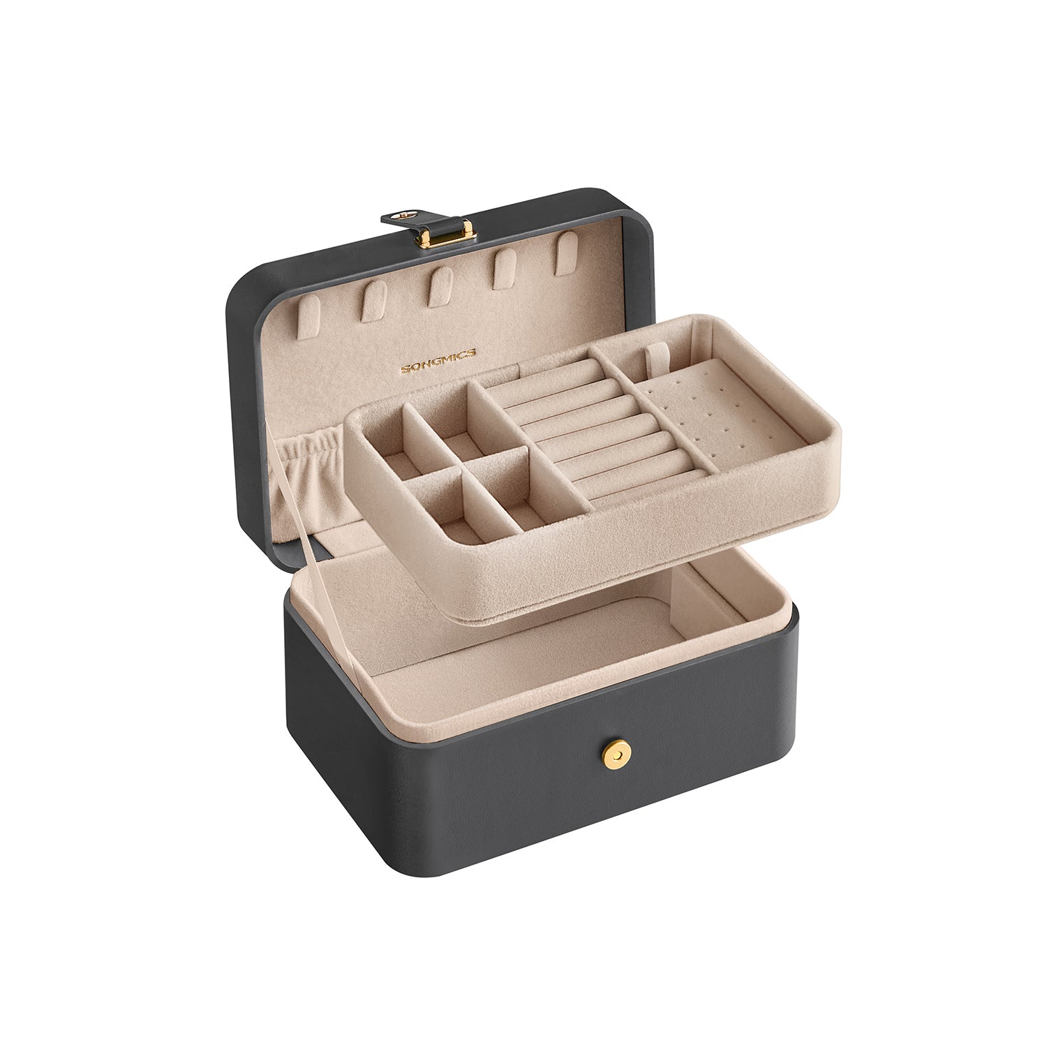 Jewellery Box – Fabric – Grey – Portable 2-Layer Design for Travel and Larger Accessories