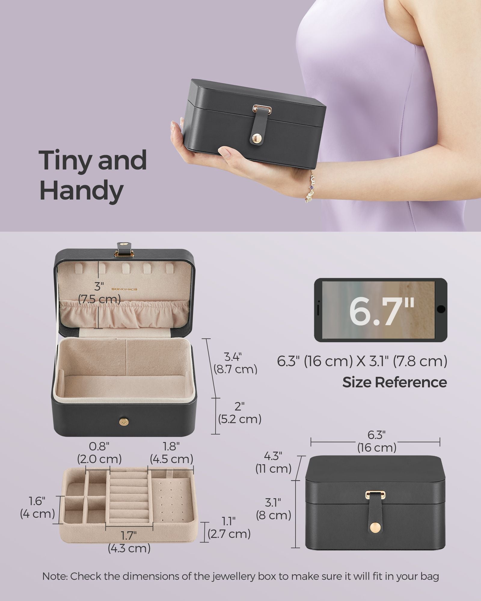 Jewellery Box – Fabric – Grey – Portable 2-Layer Design for Travel and Larger Accessories