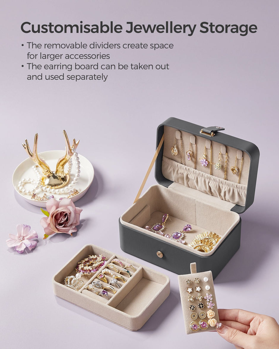 Jewellery Box – Fabric – Grey – Portable 2-Layer Design for Travel and Larger Accessories