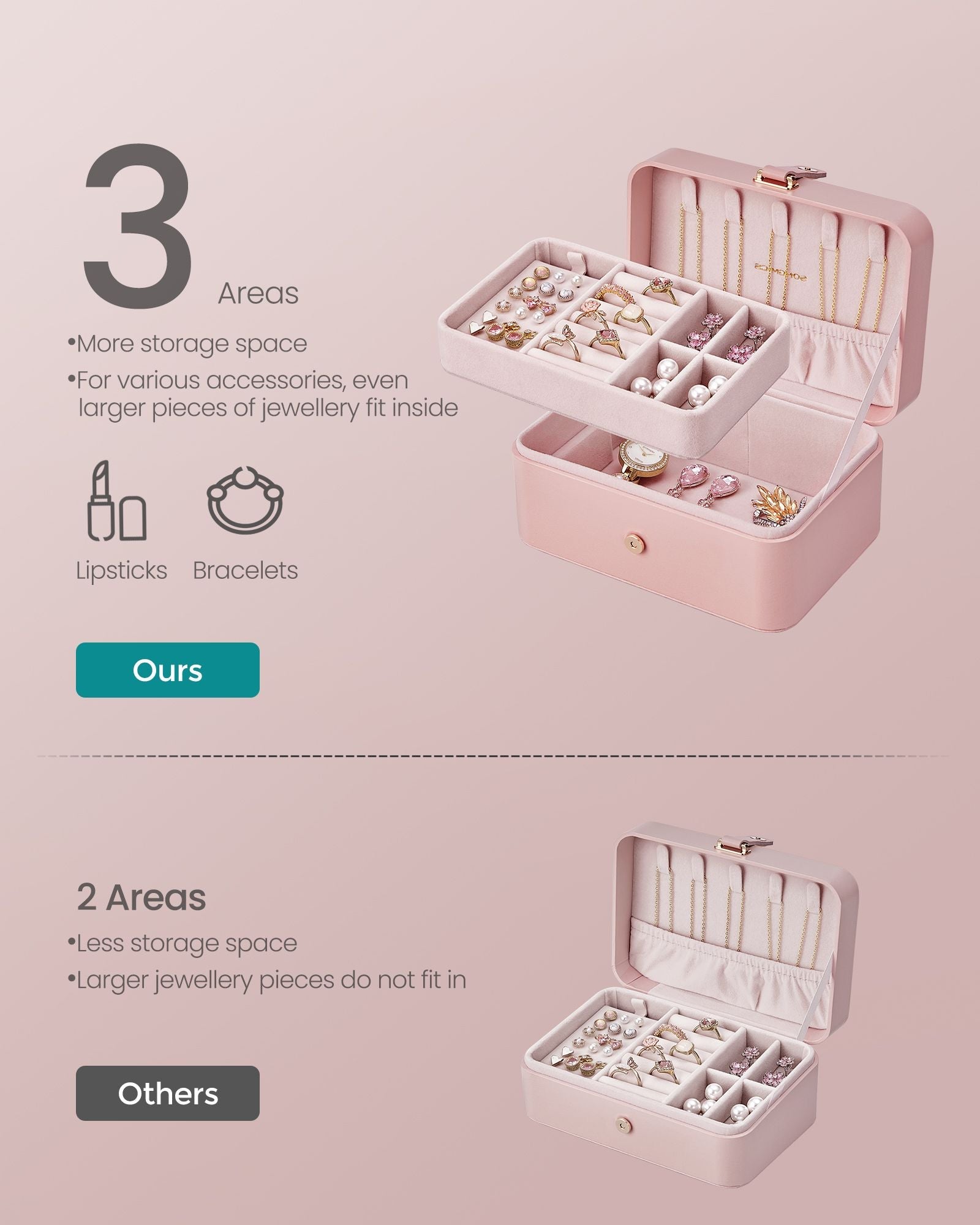 Jewellery Storage Box – Plastic – Jelly Pink – 2-Layer, Portable