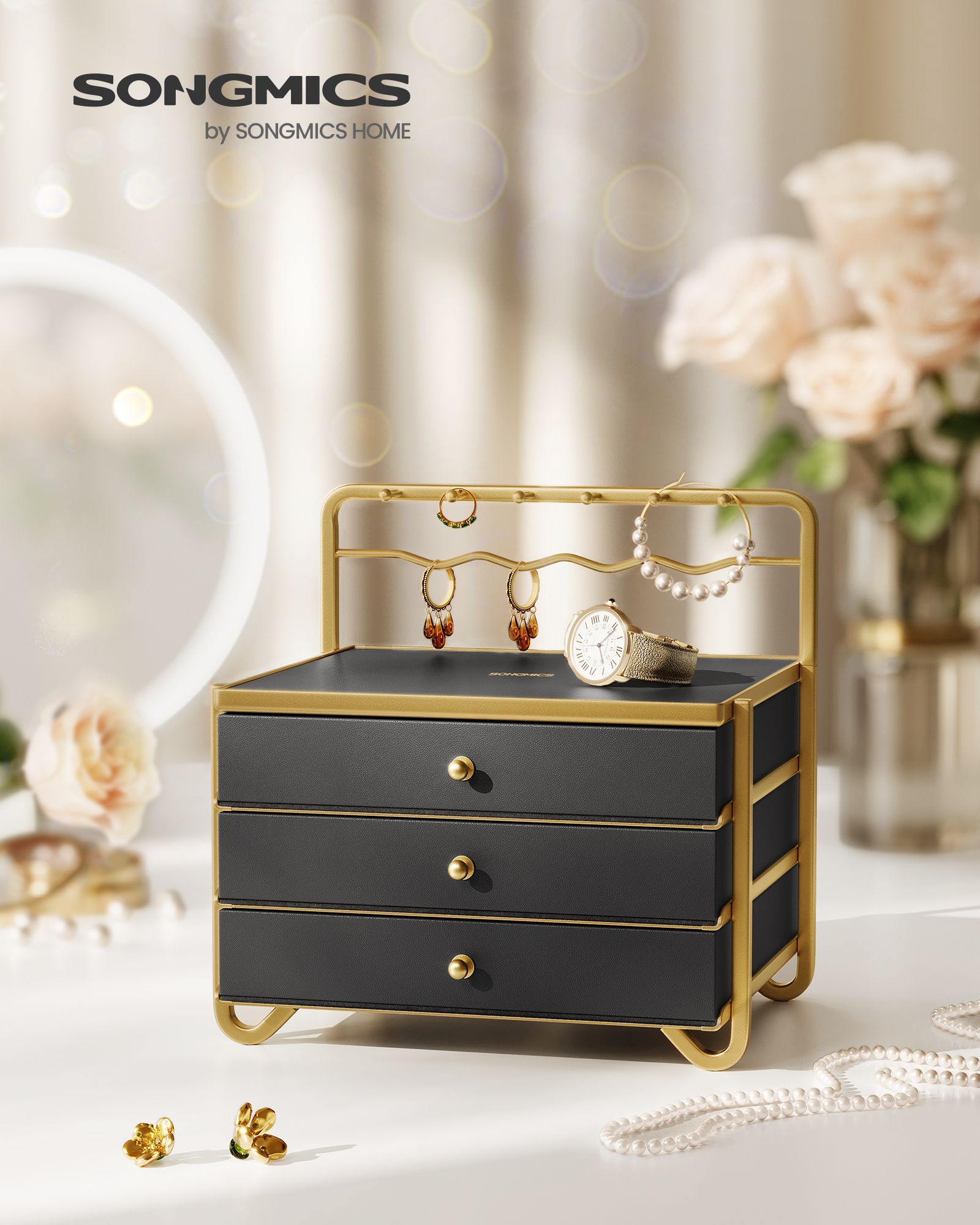 3-Tier Jewellery Box – Metal – Ink Black – Organiser with Open Storage and Hanging Rack