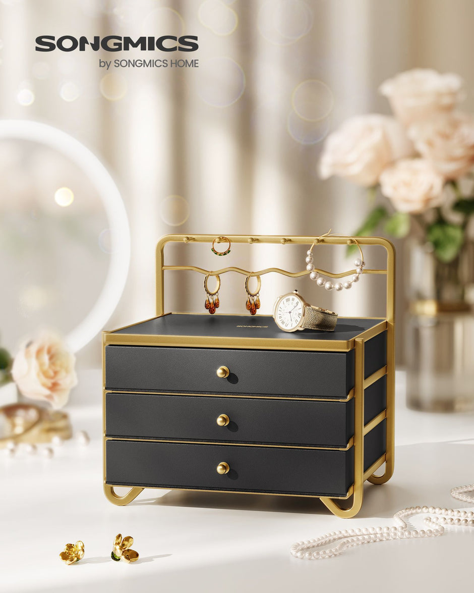 3-Tier Jewellery Box – Metal – Ink Black – Organiser with Open Storage and Hanging Rack