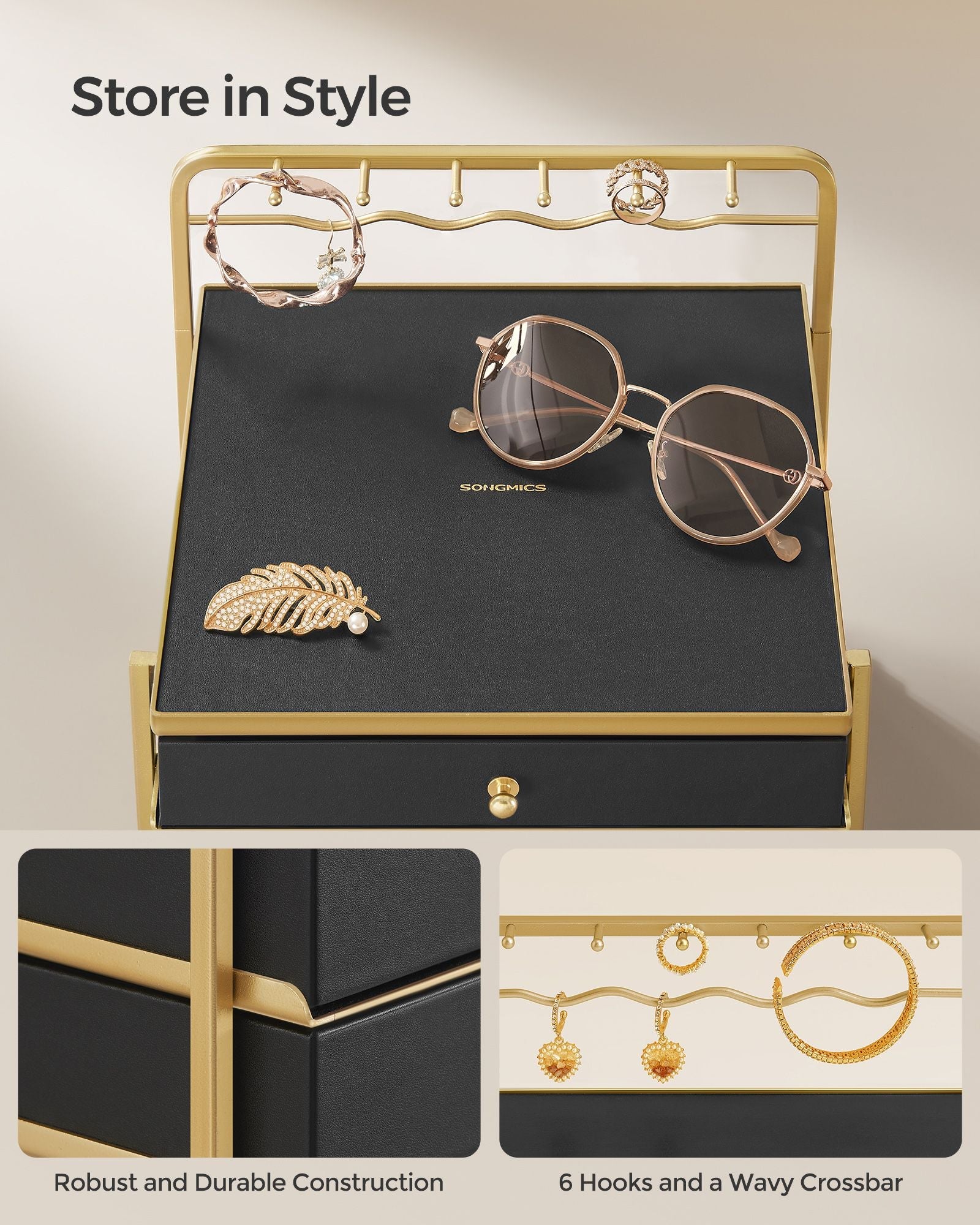 3-Tier Jewellery Box – Metal – Ink Black – Organiser with Open Storage and Hanging Rack