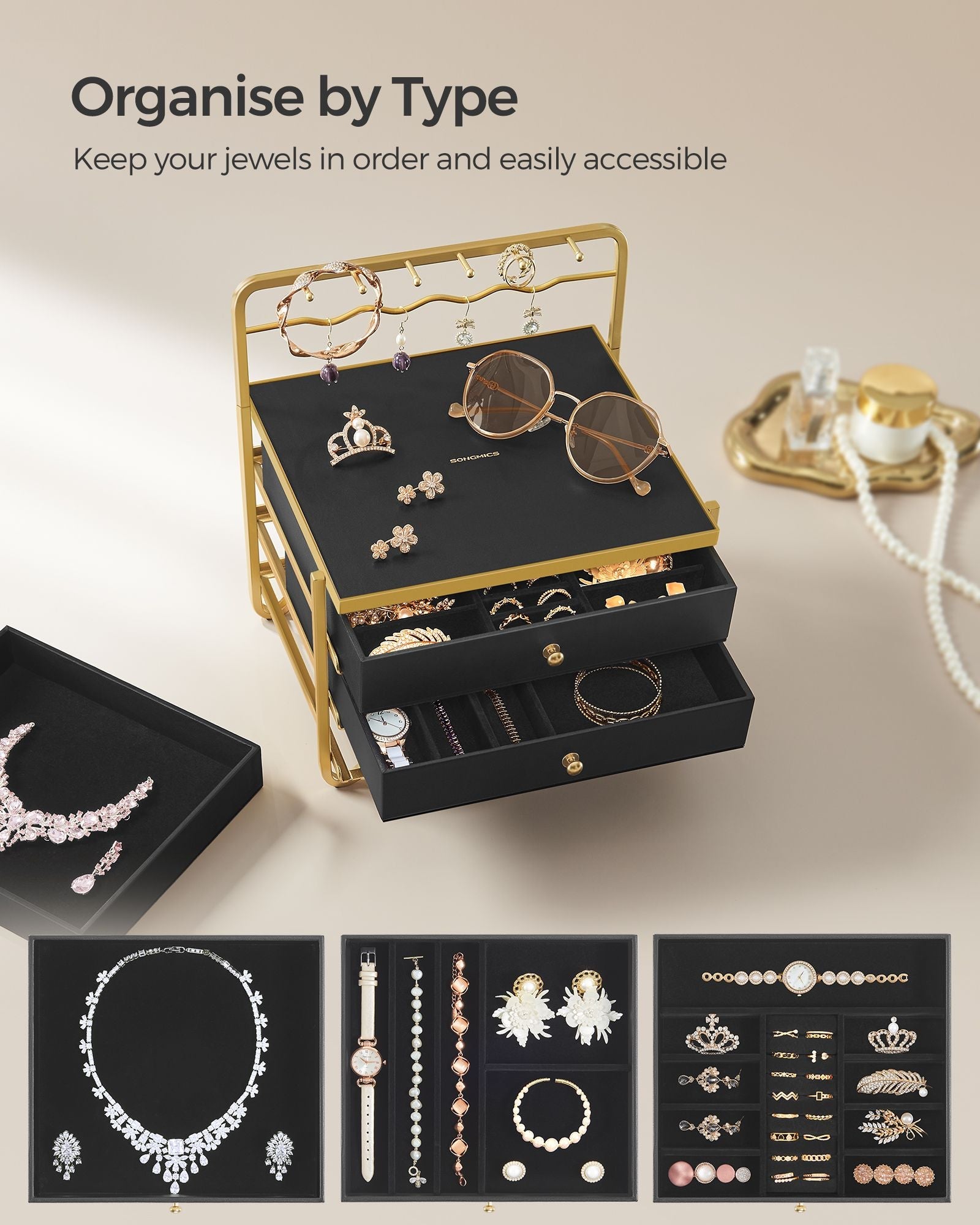 3-Tier Jewellery Box – Metal – Ink Black – Organiser with Open Storage and Hanging Rack