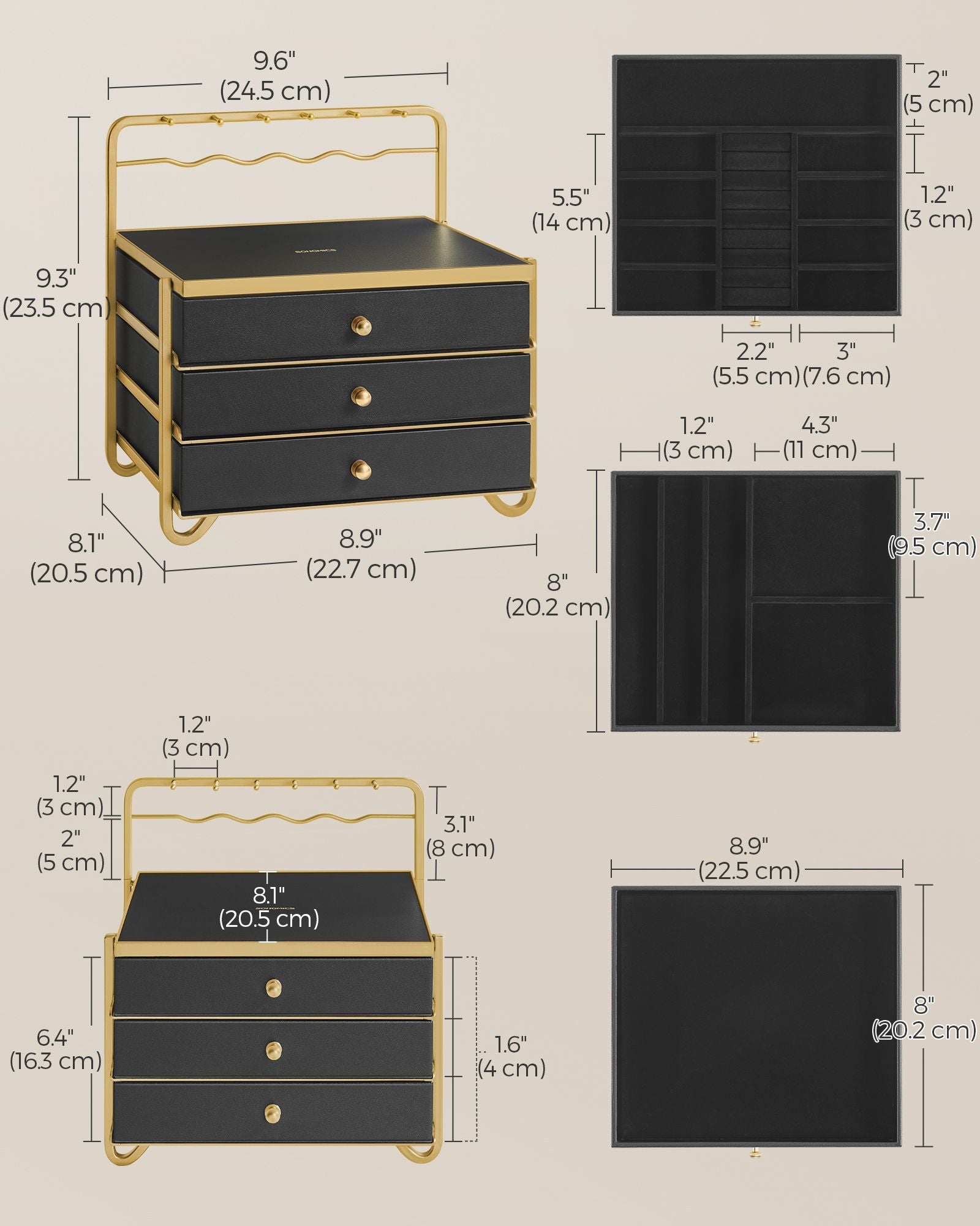 3-Tier Jewellery Box – Metal – Ink Black – Organiser with Open Storage and Hanging Rack