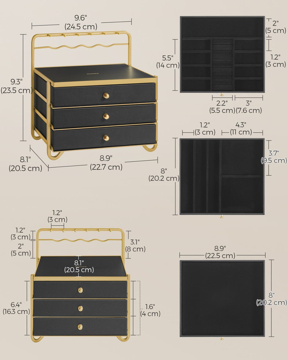 3-Tier Jewellery Box – Metal – Ink Black – Organiser with Open Storage and Hanging Rack