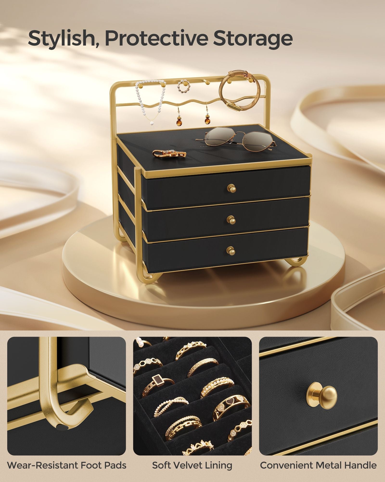 3-Tier Jewellery Box – Metal – Ink Black – Organiser with Open Storage and Hanging Rack
