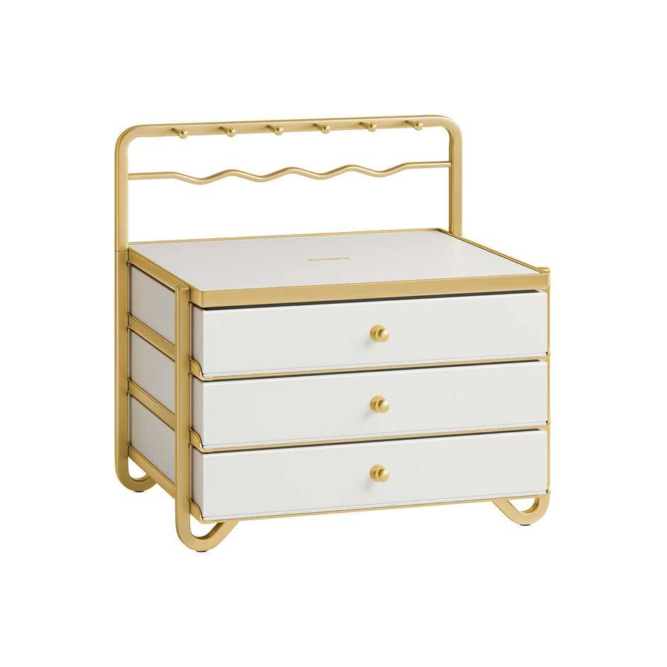 3-Tier Jewellery Box – Metal – Cloud White – Organiser with Open Storage and Hanging Rack