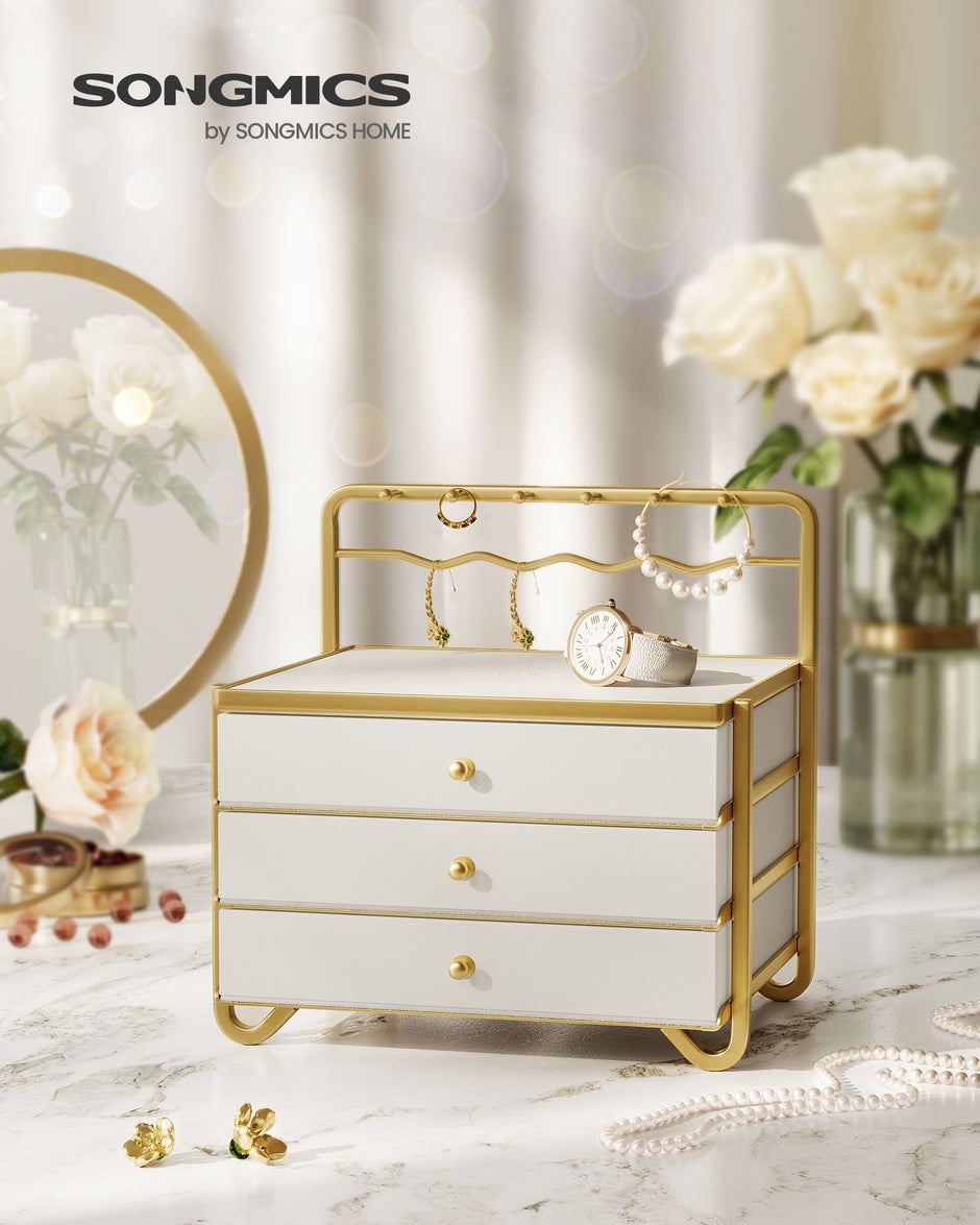3-Tier Jewellery Box – Metal – Cloud White – Organiser with Open Storage and Hanging Rack