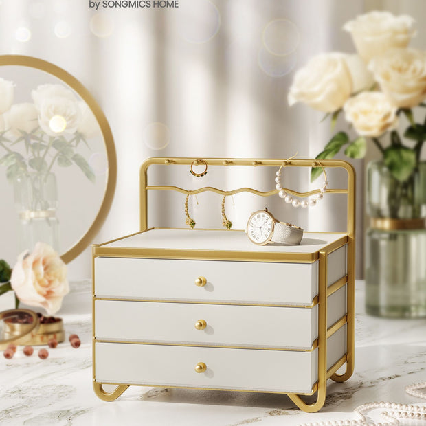 3-Tier Jewellery Box – Metal – Cloud White – Organiser with Open Storage and Hanging Rack
