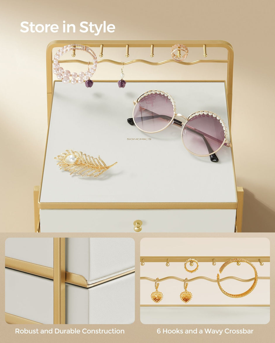 3-Tier Jewellery Box – Metal – Cloud White – Organiser with Open Storage and Hanging Rack