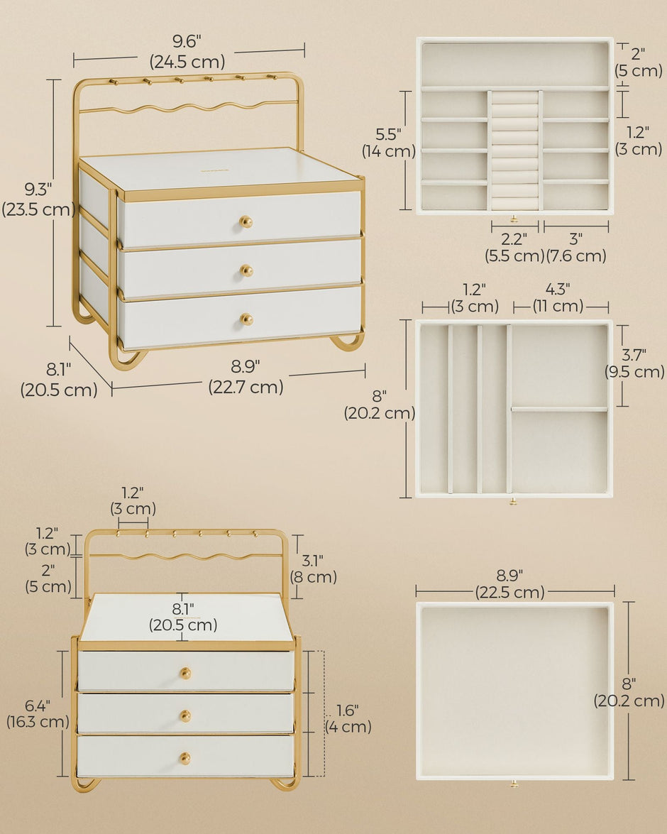 3-Tier Jewellery Box – Metal – Cloud White – Organiser with Open Storage and Hanging Rack