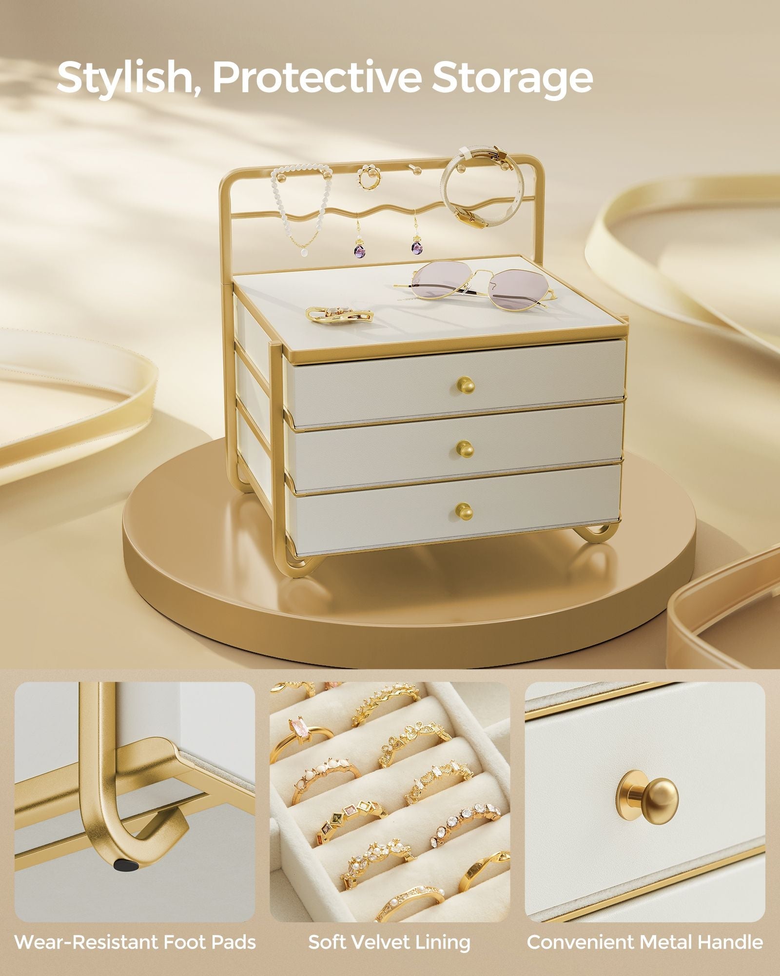 3-Tier Jewellery Box – Metal – Cloud White – Organiser with Open Storage and Hanging Rack