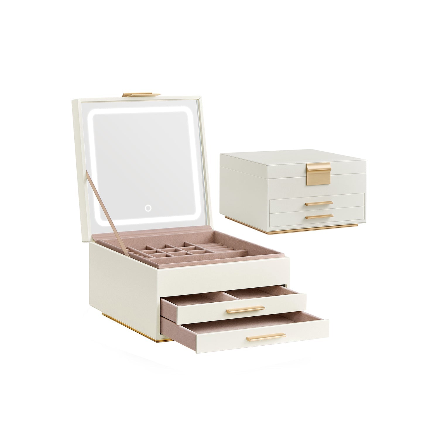 Jewellery Box – PU – Cream White and Gold – 3 Layers with Mirror and LED Lights