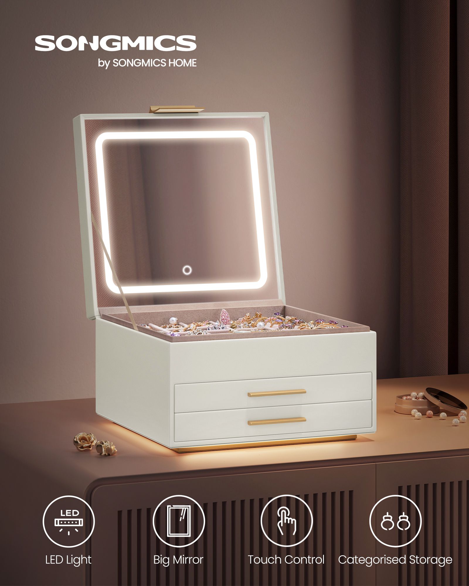 Jewellery Box – PU – Cream White and Gold – 3 Layers with Mirror and LED Lights