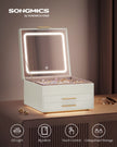 Jewellery Box – PU – Cream White and Gold – 3 Layers with Mirror and LED Lights