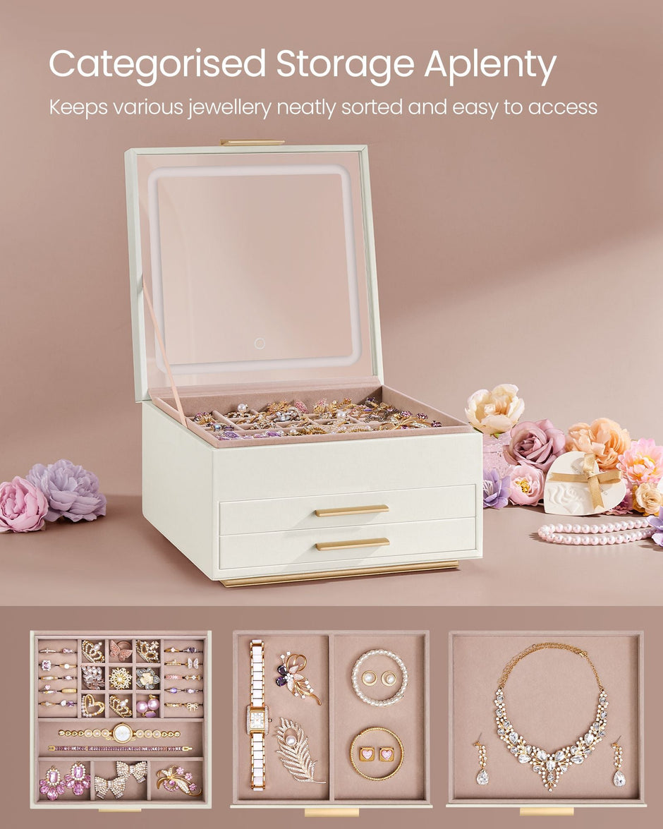 Jewellery Box – PU – Cream White and Gold – 3 Layers with Mirror and LED Lights