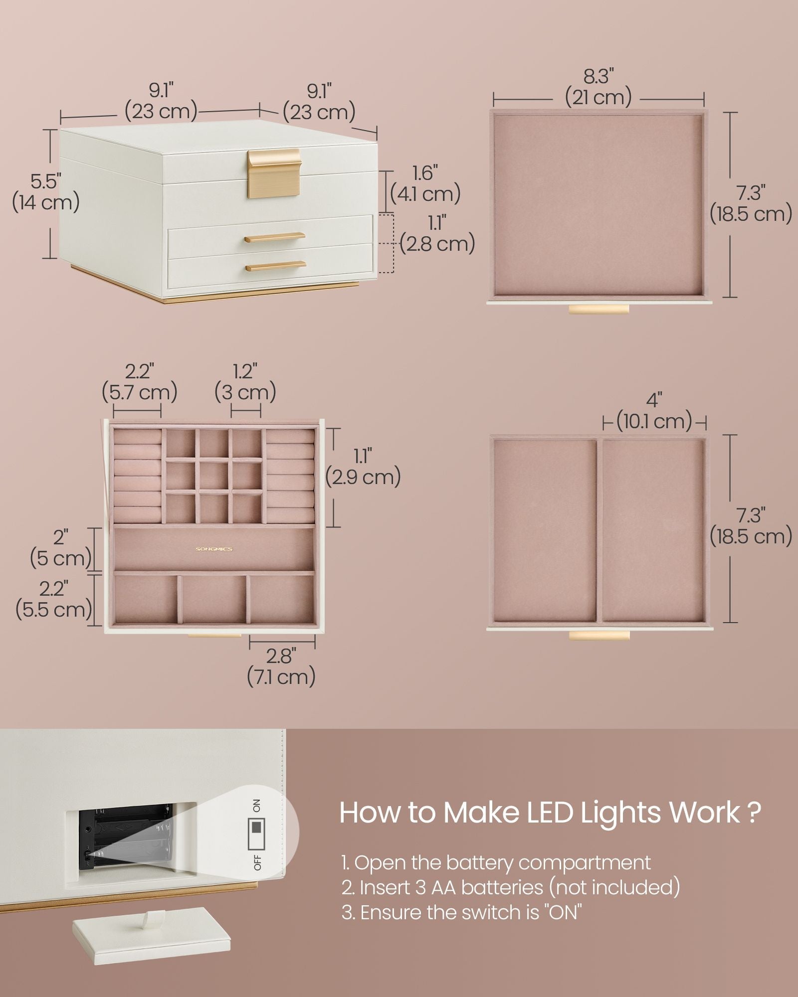Jewellery Box – PU – Cream White and Gold – 3 Layers with Mirror and LED Lights