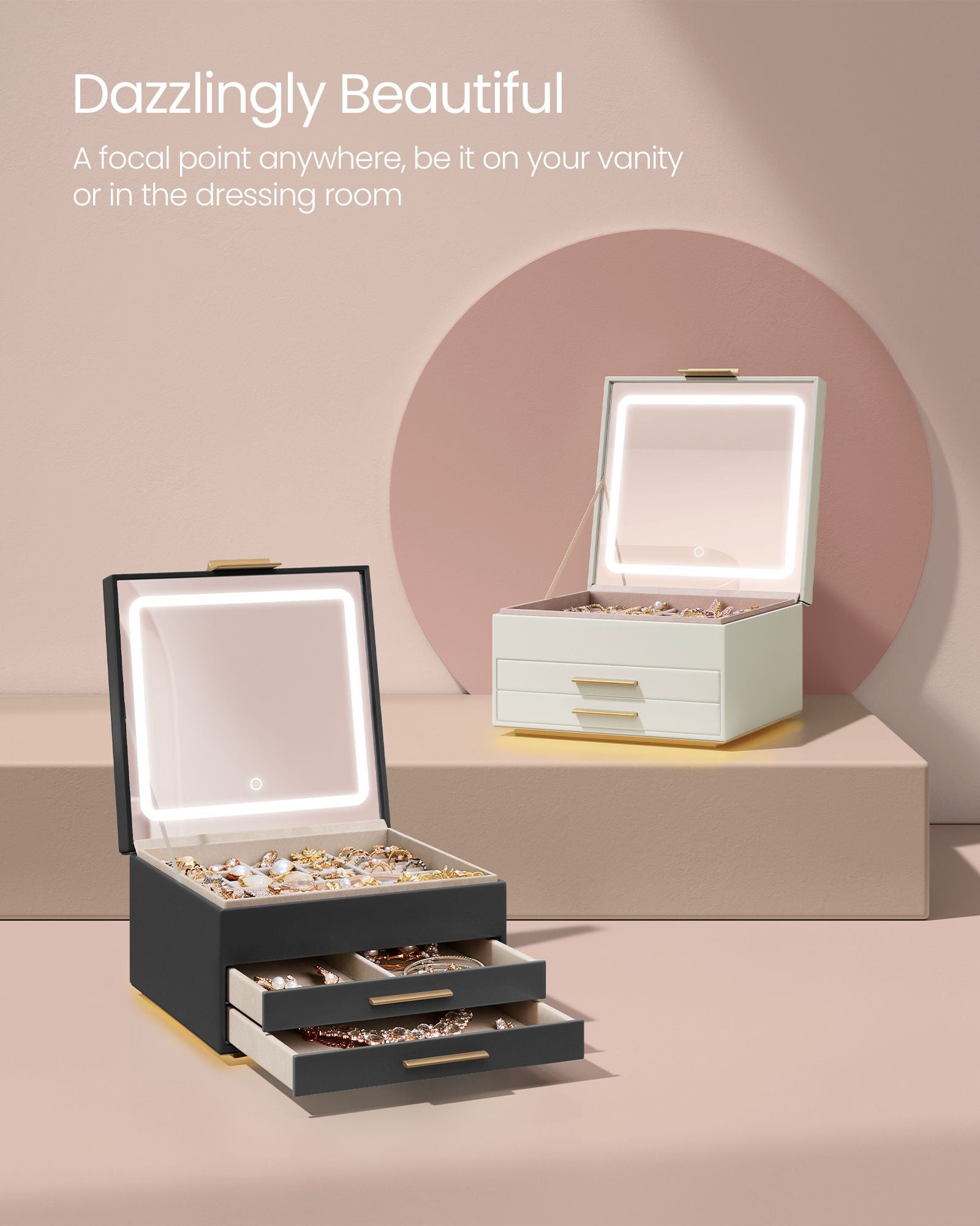 Jewellery Box – PU – Cream White and Gold – 3 Layers with Mirror and LED Lights